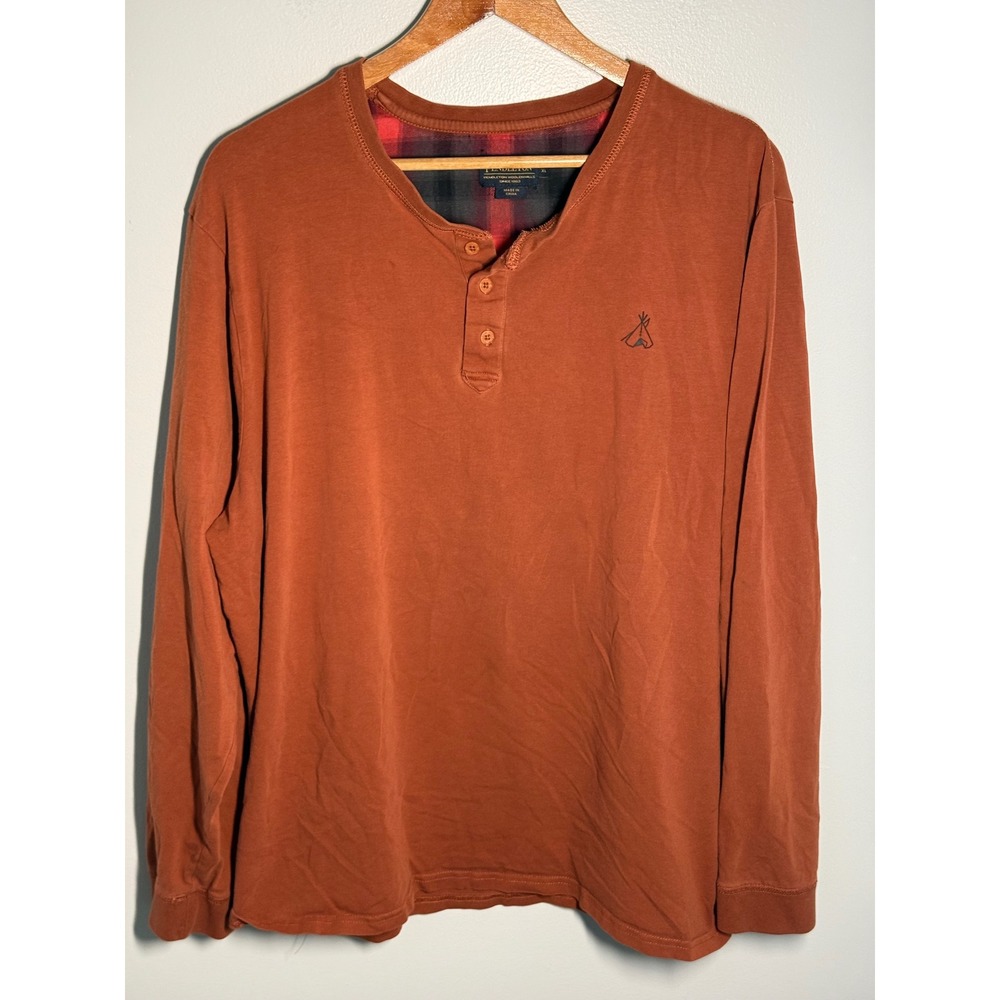 Pendleton Mens XL Burnt Orange Henley Long Sleeve Teepee Logo Plaid Trim Shirt